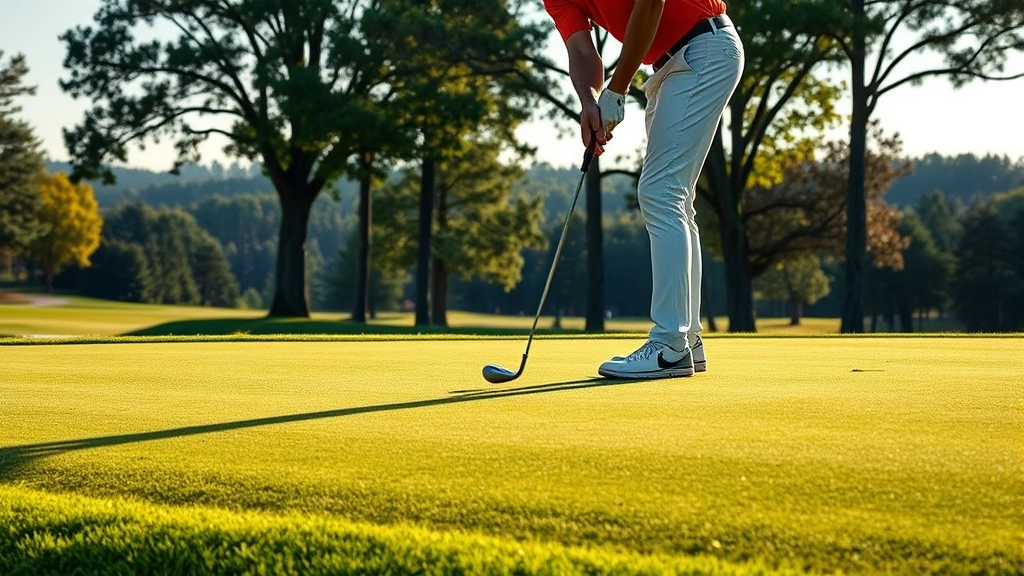 Golfer chipping onto a challenging green with elevated terrain, precise footwork visible, beautiful course landscape with trees framing the shot, afternoon lighting