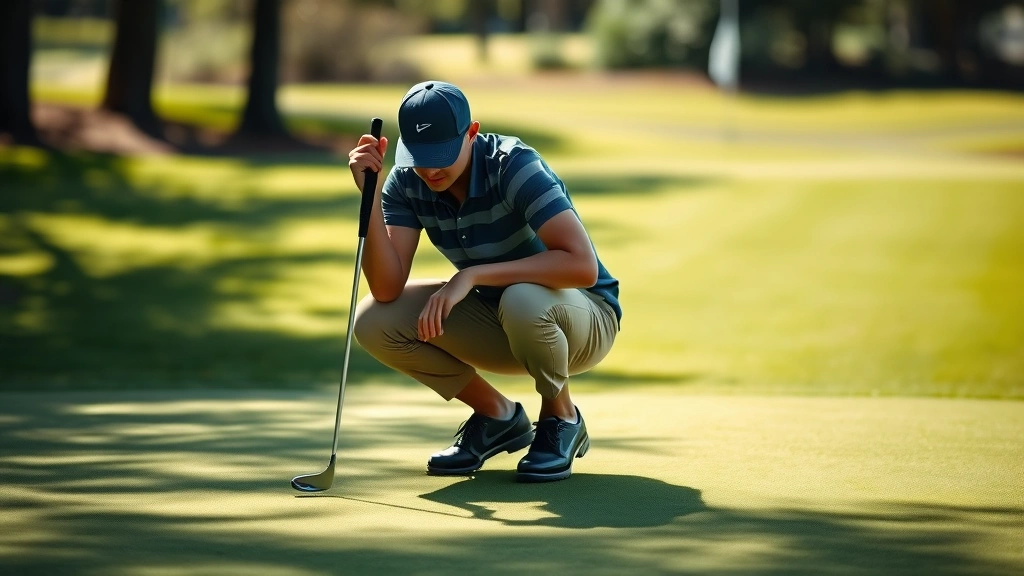 A golfer crouching on the green reading the putt surface with the flag visible in the distance under natural daylight