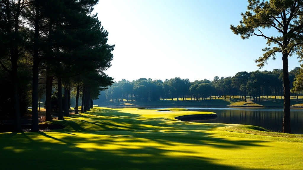 Professional photograph of a serene golf course fairway with lush green grass, mature trees lining the sides, and a calm water hazard reflecting blue sky, morning sunlight creating peaceful atmosphere