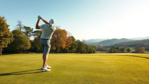Professional golfer mid-swing on well-maintained fairway with trees lining the course, natural daylight, Tennessee landscape background, realistic golf photography