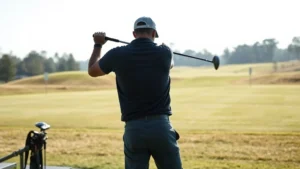 Beginner golfer at practice range hitting shots with clear yardage markers visible in background, morning sunlight, realistic golf course setting with grass and trees