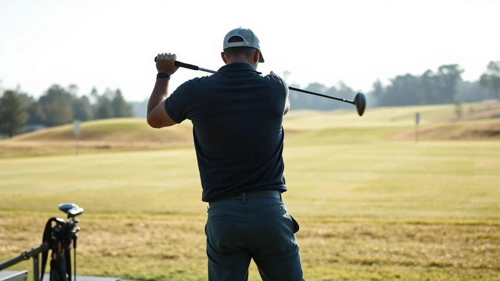 Beginner golfer at practice range hitting shots with clear yardage markers visible in background, morning sunlight, realistic golf course setting with grass and trees