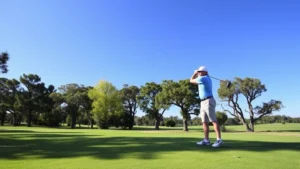 Golfer teeing off on a lush fairway lined with mature trees under clear blue sky, professional golf attire, natural daylight, scenic course landscape