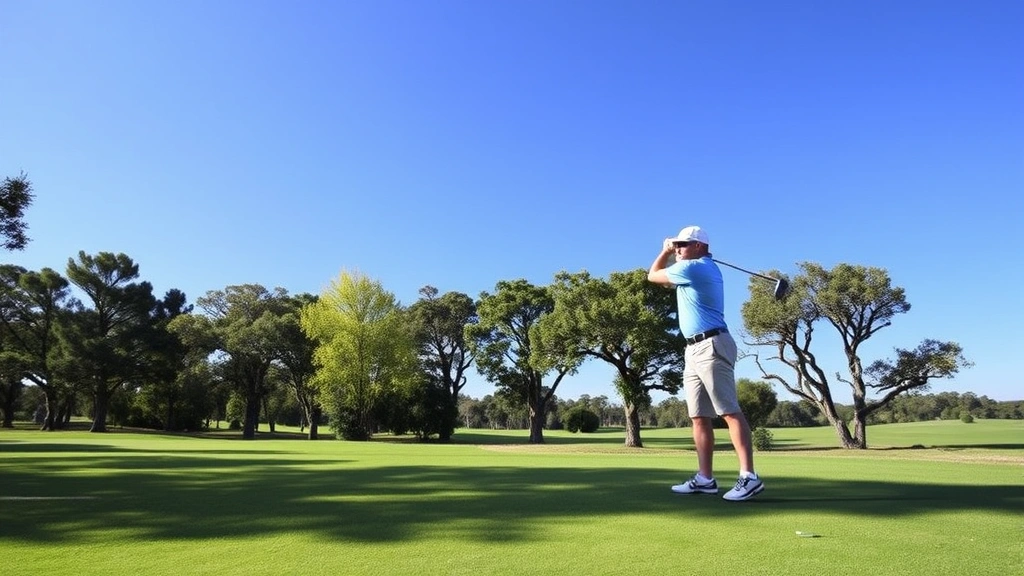 Golfer teeing off on a lush fairway lined with mature trees under clear blue sky, professional golf attire, natural daylight, scenic course landscape
