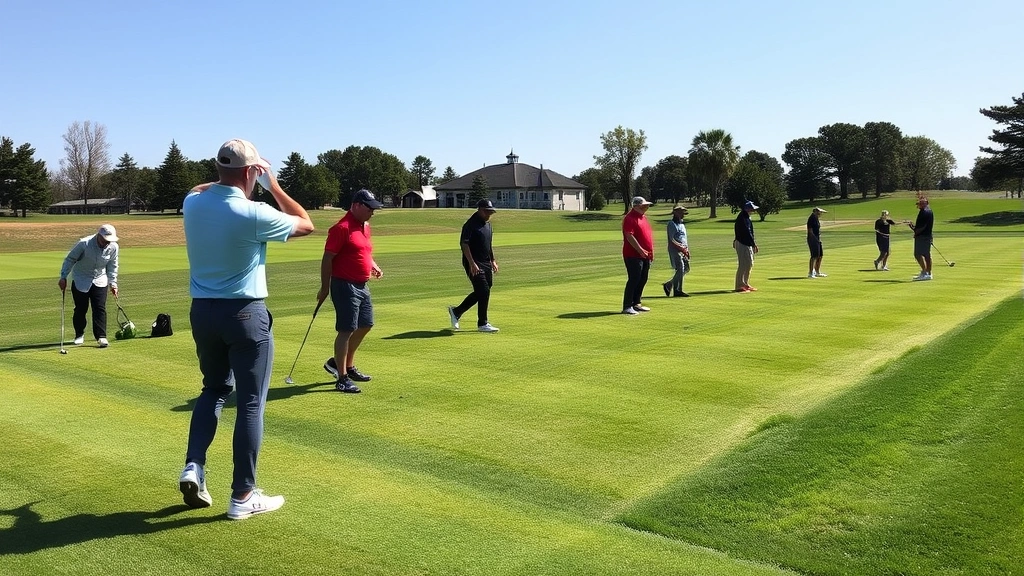 Golf course practice range with multiple golfers warming up before rounds, natural lighting, manicured grass, clear day, professional golf facility setting