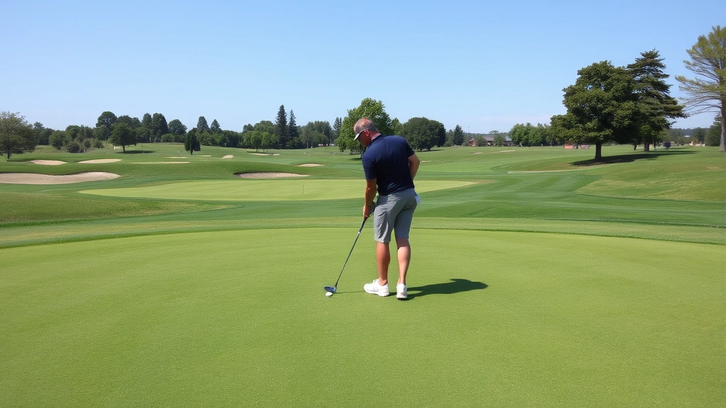 Putting green at public golf course with multiple holes and varying slopes, golfer practicing putt near hole, clear day, realistic course maintenance visible