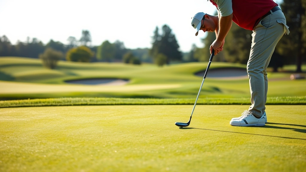 Golfer practicing putting on a manicured green with subtle slopes, focused concentration, natural lighting, course maintenance visible in background