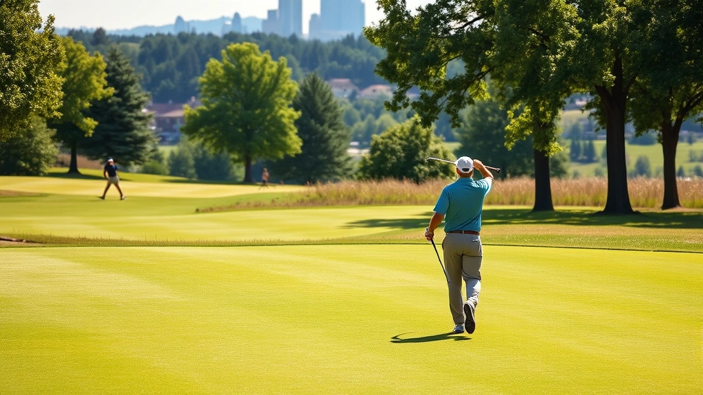 Golfers walking the fairway carrying clubs with scenic Nashville landscape in background, trees providing shade, golfer in mid-swing position, natural lighting, recreational golfing atmosphere