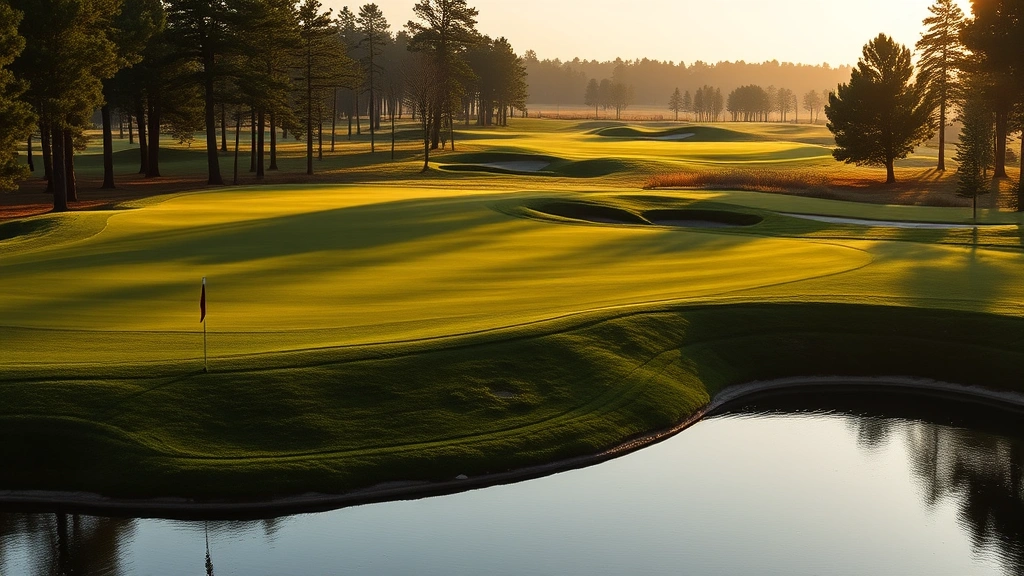 Scenic golf hole with water hazard, bunkers visible, green in distance, morning light, professional course photography, no golfers visible, peaceful course landscape