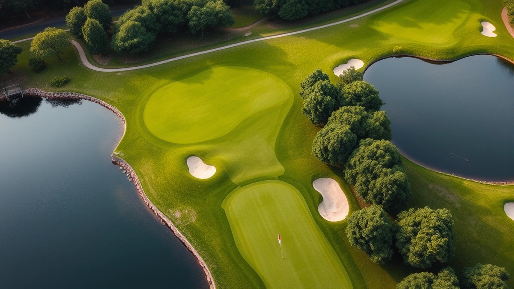 Aerial view of golf course hole with water feature, tree-lined fairway, sand bunkers, and putting green, professional course photography, natural landscape