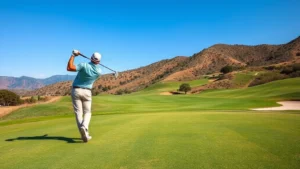Professional golfer executing perfect tee shot on scenic California golf course with rolling hills, clear blue sky, and manicured fairway stretching into distance