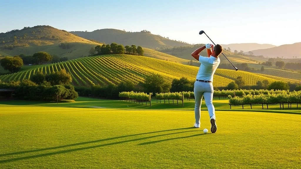 Golfer mid-swing on fairway with vineyard-covered hills in soft morning light, lush green course landscape, realistic professional photography