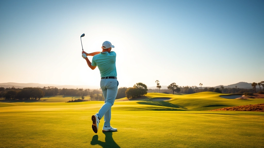 Professional golfer executing a precise approach shot on a beautiful California golf course fairway, afternoon sunlight, manicured greens and strategic bunkers visible in background, focused concentration on face