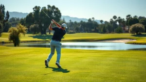 Professional golfer mid-swing on lush fairway with water hazard in background, Southern California landscape with trees and manicured grass, morning sunlight