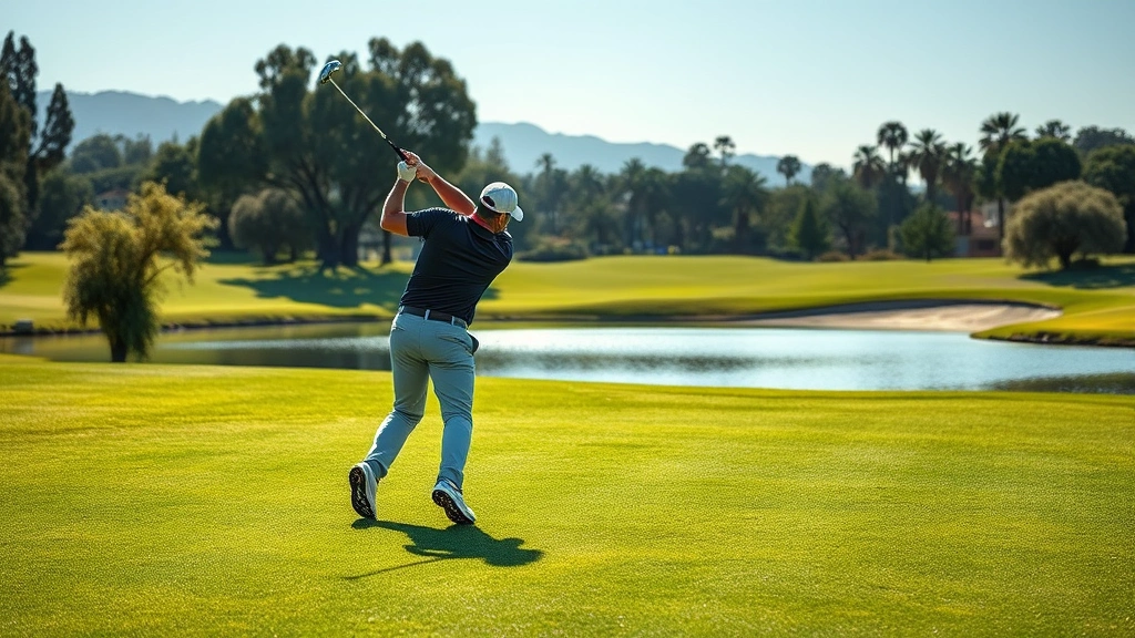 Professional golfer mid-swing on lush fairway with water hazard in background, Southern California landscape with trees and manicured grass, morning sunlight