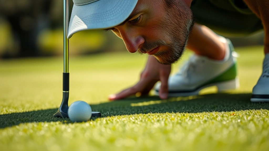 Close-up of golfer reading green with focused expression, analyzing slope patterns and grass texture on pristine putting surface under natural sunlight