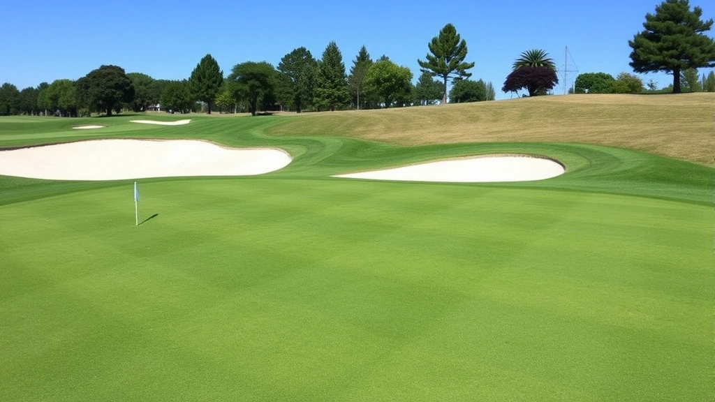 Well-maintained putting green with sand bunker and manicured rough, clear blue sky, natural lighting emphasizing course conditioning quality