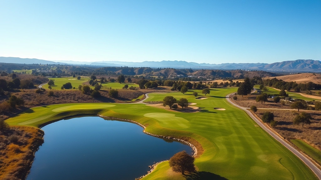 Aerial view of scenic golf course hole with water hazard, bunkers, and well-maintained fairway winding through natural landscape, California valley setting with distant hills