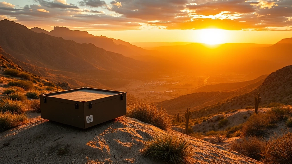 Elevated tee box overlooking scenic valley with distant mountains, native desert vegetation, golden hour lighting creating dramatic landscape perspective