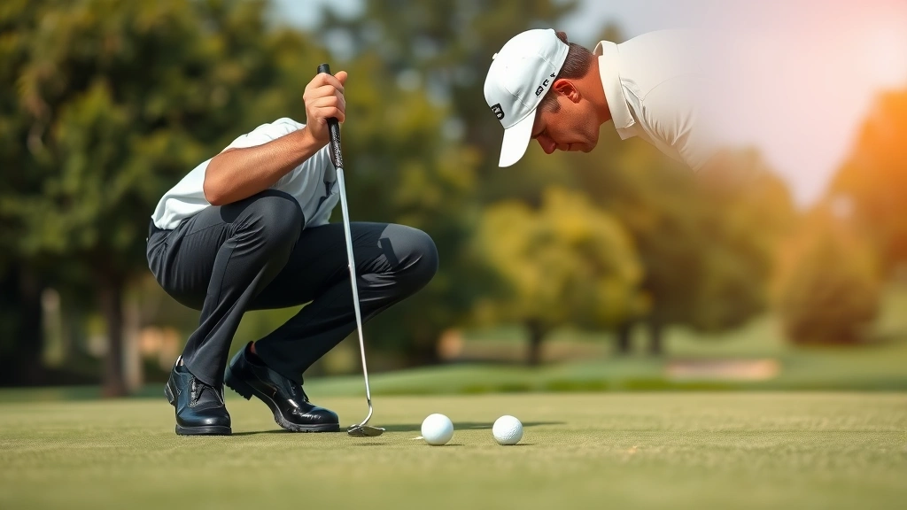 Golfer reading green and analyzing putt from multiple angles, bent over examining slope and grain, professional putting setup, calm focused demeanor, championship course green setting