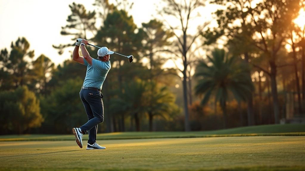 Professional golfer mid-swing on fairway with manicured grass, trees in background, golden hour lighting, clear focus on form and technique