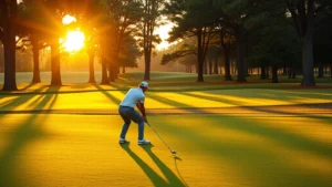 Golfer at address position on pristine fairway with manicured grass and mature trees framing the hole during golden hour sunlight