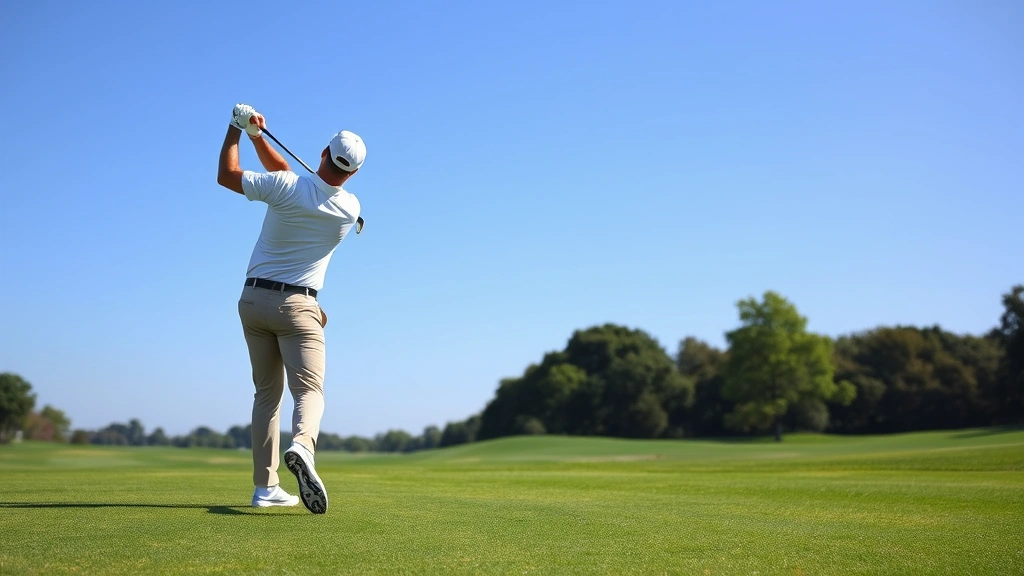Professional golfer mid-swing on championship course, green grass fairway, blue sky background, demonstrating proper golf form and technique