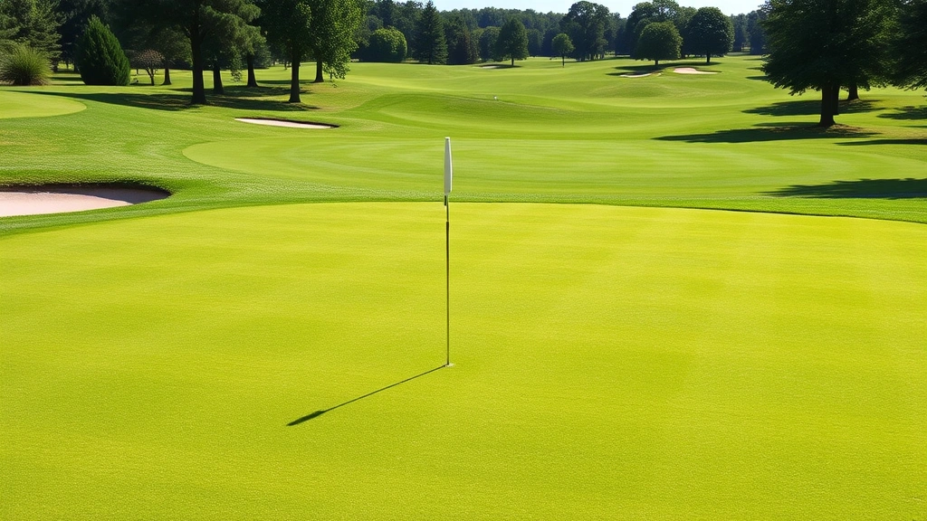 Well-maintained golf course putting green with sand bunkers visible, manicured fairways extending into distance under natural sunlight