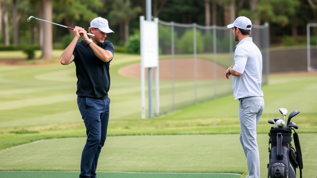 Golf instructor demonstrating proper grip and stance position to student on driving range, both in athletic stance, teaching moment captured naturally