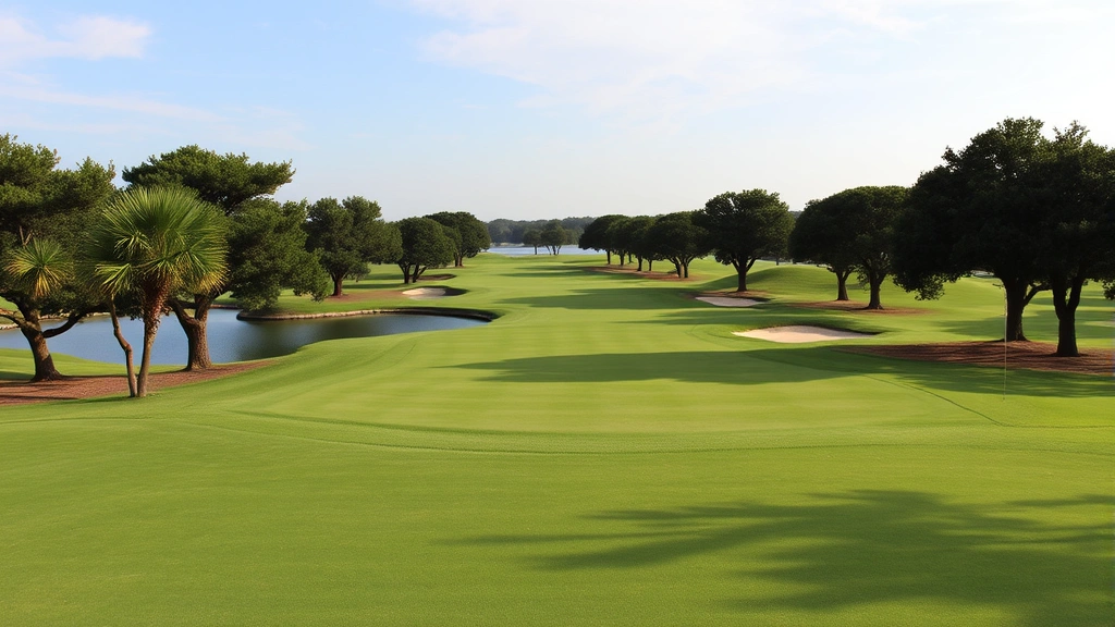 Wide view of a challenging par-4 hole at a Texas golf course featuring water hazards, strategic bunkering, and manicured fairway with trees framing the hole