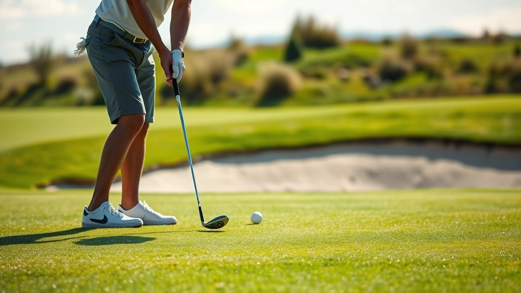 Golfer chipping near green with bunker visible in background, sand bunker details visible, green grass texture, focused golfer mid-swing near pin, natural daylight