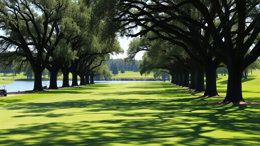 Scenic golf course fairway lined with mature oak trees, perfectly groomed grass, water feature visible in distance, bright daylight with shadows