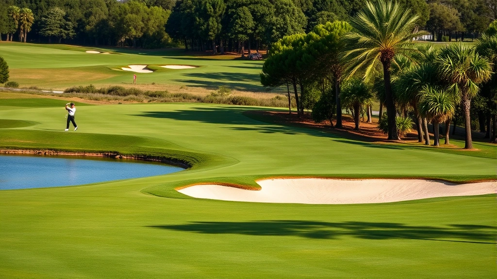 Scenic golf hole with water hazard, sand bunkers, manicured greens, golfer in distance, trees framing the hole, professional course photography