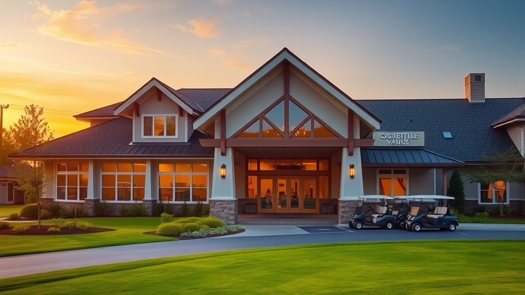 Upscale golf clubhouse exterior with modern architecture, welcoming entrance, landscaped grounds, golf carts parked nearby, evening golden hour lighting