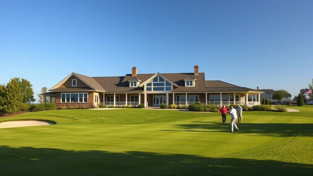 Golf course clubhouse exterior with practice range visible, golfers warming up before round, professional facility setting