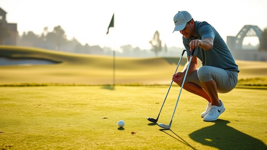 Golfer putting on green with flag in background, concentration on face, well-maintained course grounds, morning light creating shadows on putting surface