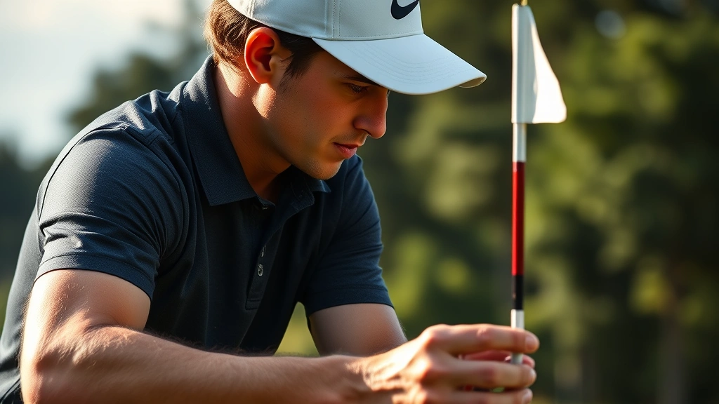 Close-up of a golfer analyzing their approach shot near the green, studying the terrain and flag placement while preparing their shot strategy at a championship course