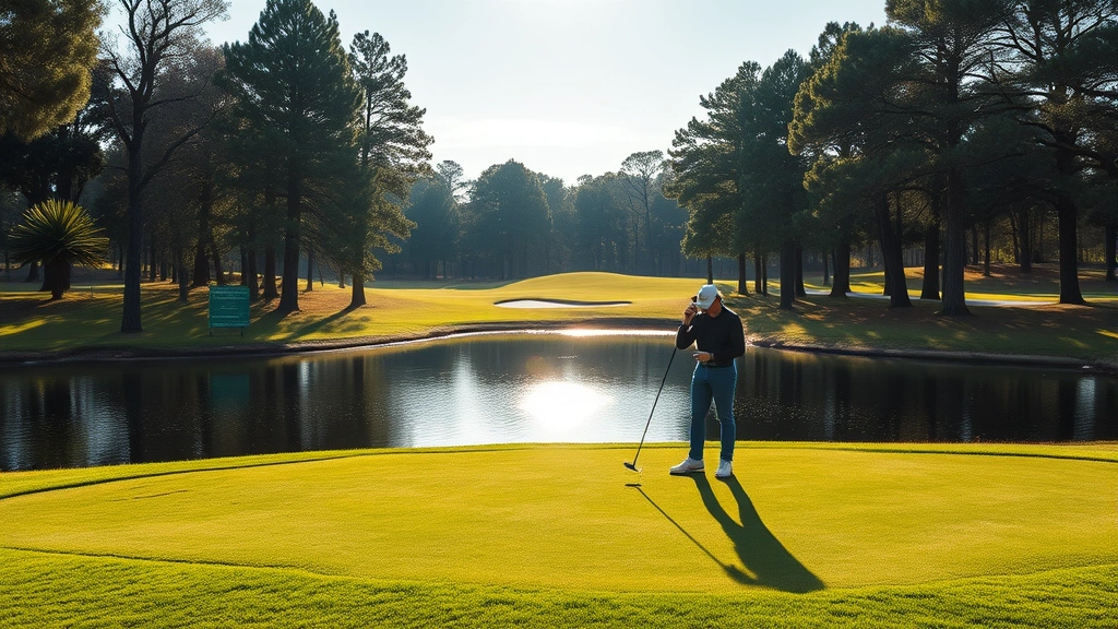 Water hazard on golf course with golfer studying shot, water reflecting sunlight, professional stance and posture, mature trees surrounding hole, realistic course conditions and weather