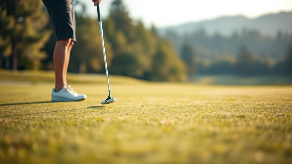 Golfer on putting green concentrating on putt, flag stick nearby, surrounding landscape blurred, peaceful natural setting, early morning light
