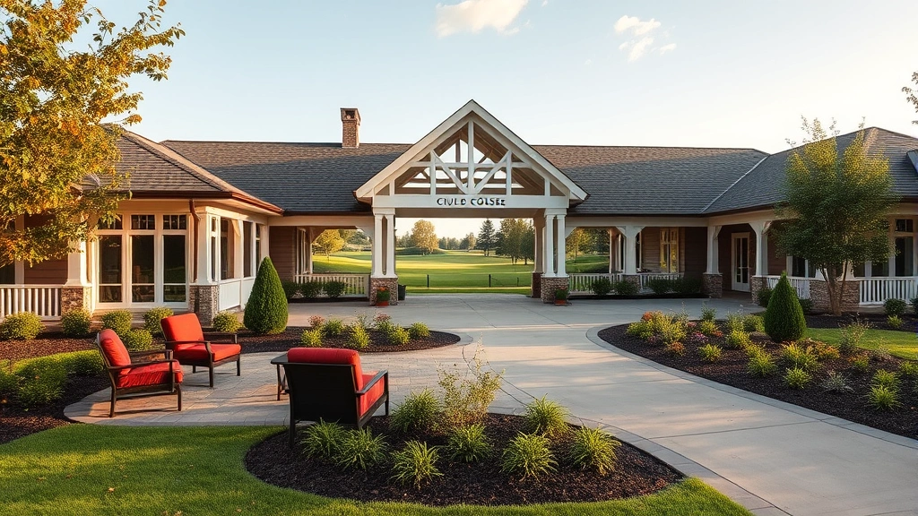Elegant clubhouse exterior with comfortable seating area overlooking golf course green, professional landscaping and welcoming entrance