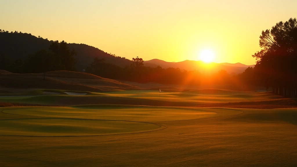 Golf course landscape at sunset showing fairway, putting green, and natural terrain, peaceful golfing environment, golden hour lighting