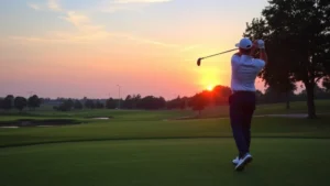 Professional golfer executing perfect swing mechanics at sunset on championship golf course with manicured fairway and water hazard visible in background