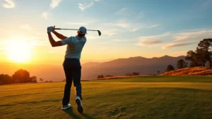 Professional golfer mid-swing at sunrise on elevated fairway with dramatic landscape backdrop, focused expression, perfect form demonstration