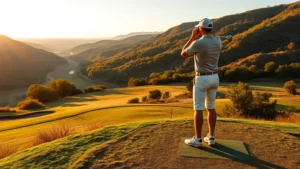 Golfer at address position on elevated tee box overlooking valley with fairway below, professional stance and posture, natural lighting during golden hour