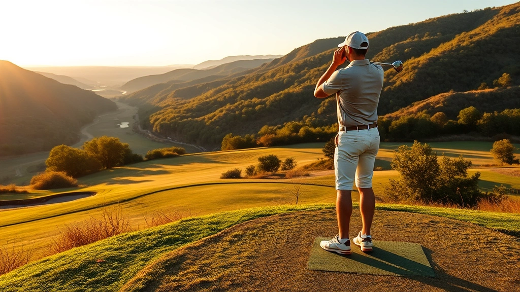 Golfer at address position on elevated tee box overlooking valley with fairway below, professional stance and posture, natural lighting during golden hour