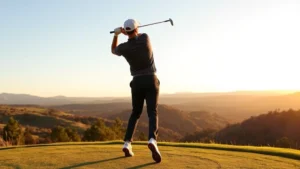 Golfer mid-swing on elevated tee box overlooking scenic valley landscape with natural terrain, focused athletic form, golden hour lighting