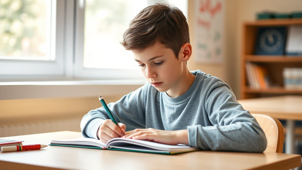 Student sitting at desk with notebook, writing math equations, focused expression, natural daylight from window, warm educational environment, no visible text on paper