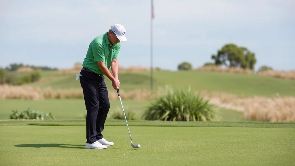 Golf instructor demonstrating short game chipping technique with student on practice green, showing proper stance and club position during instruction session