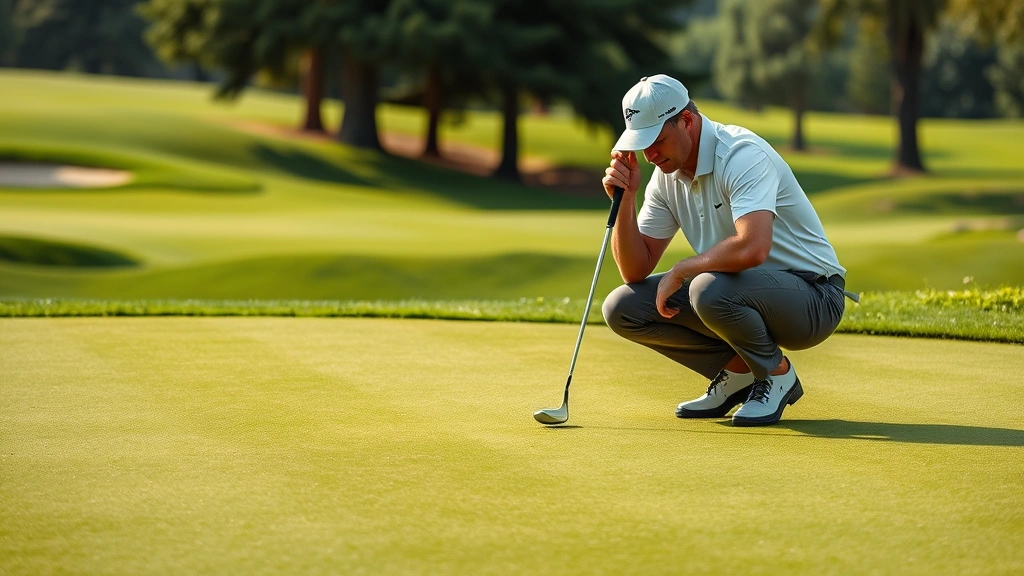 Golfer studying green from different angles, reading slopes and break patterns while crouching near hole, concentrated analysis of putting surface