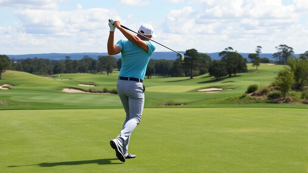 Golfer in full swing follow-through position on fairway, showing complete rotation and weight transfer, scenic golf course landscape with bunkers and trees visible